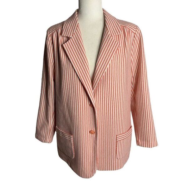 Vintage 70s Striped Polyester Double Knit Blazer Jacket L White Salmon Pockets - Picture 1 of 6